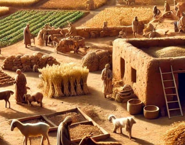 Ilustração de sociedade agrícola antiga