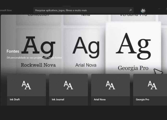imagem mostra o portfólio de fontes que estão disponíveis na microsoft store