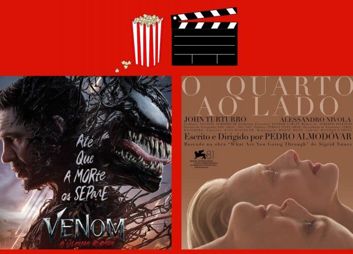 Montagem com pôsteres de Venom 3 e Quarto ao Lado, dois dos lançamentos de filmes da semana