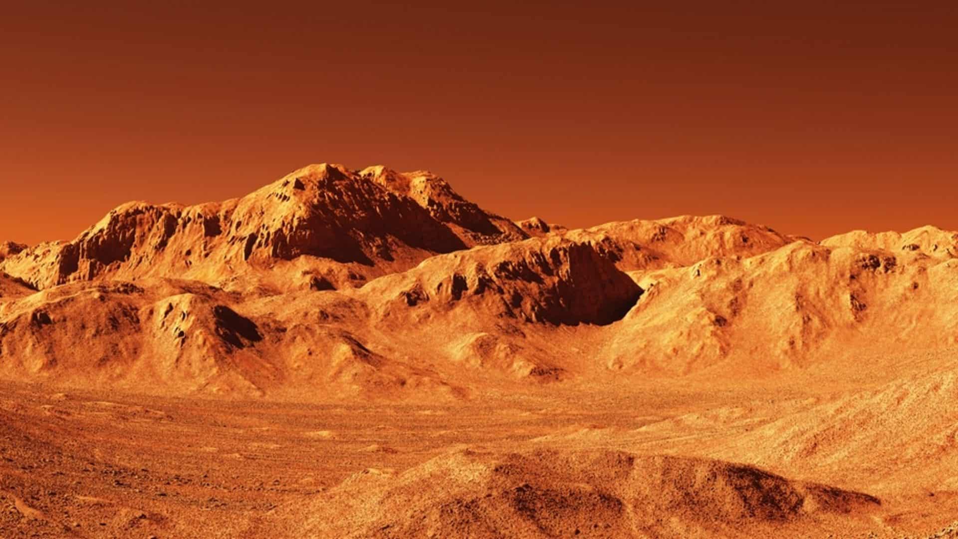 Ilustração do planeta Marte; superfície de Marte erodida em terra vermelha alaranjada