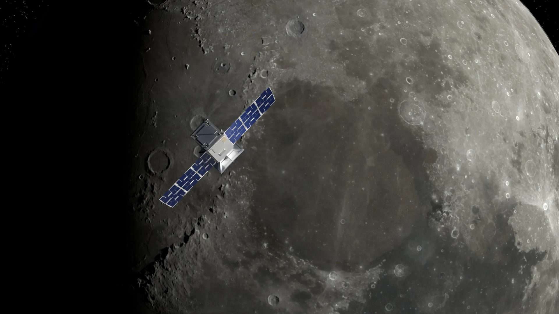Ilustração 3D da sonda lunar CAPSTONE, da NASA, dando uma volta em torno da Lua