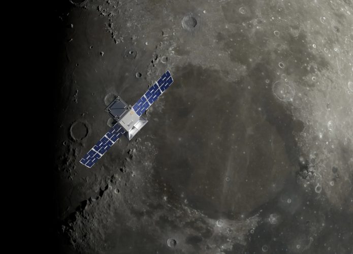 Ilustração 3D da sonda lunar CAPSTONE, da NASA, dando uma volta em torno da Lua