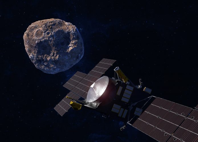 Representação artística da sonda Psyche, da NASA, na órbita do asteroide 16 Psyche