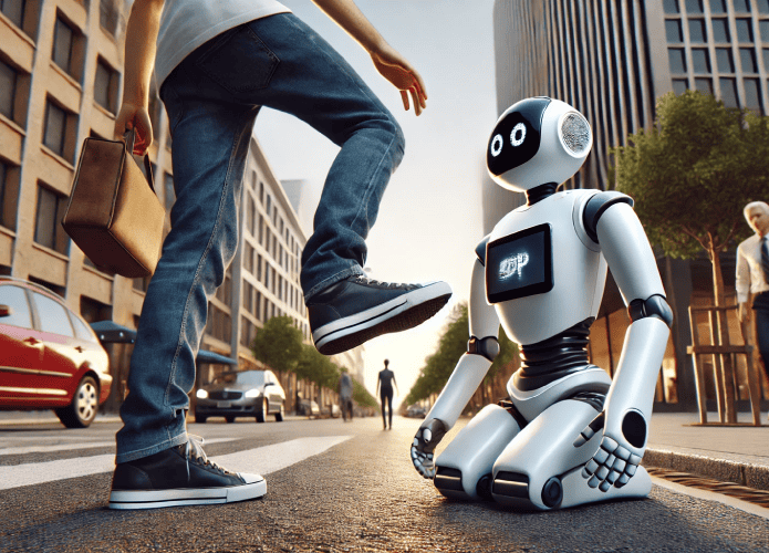 Imagem gerada por inteligência artificial mostra um homem chutando um robô humanoide.