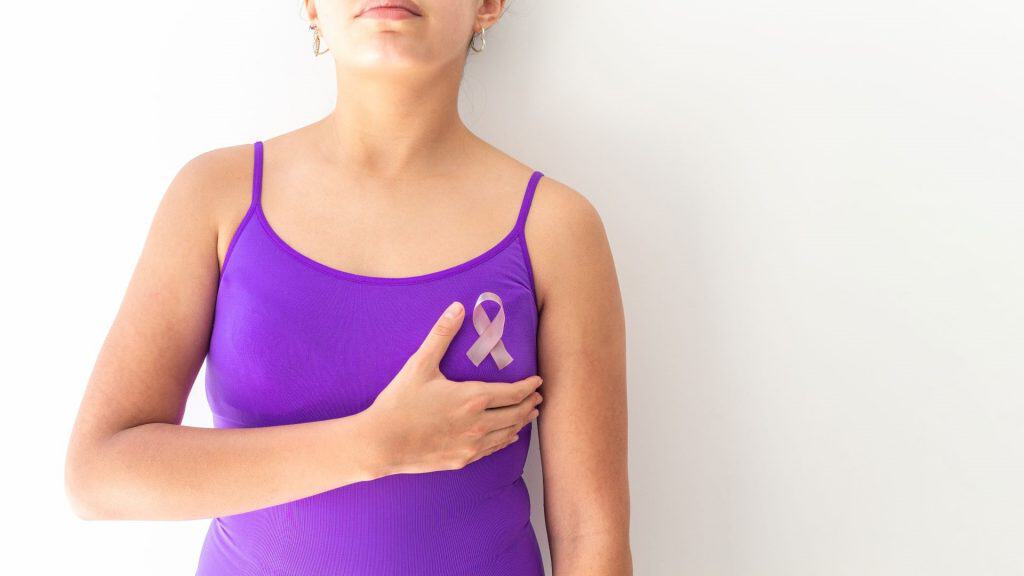 Mulher com parte do rosto e do corpo fazendo um autoexame para prevenção do câncer de mama. Fita de conscientização sobre o câncer de mama Shutterstock