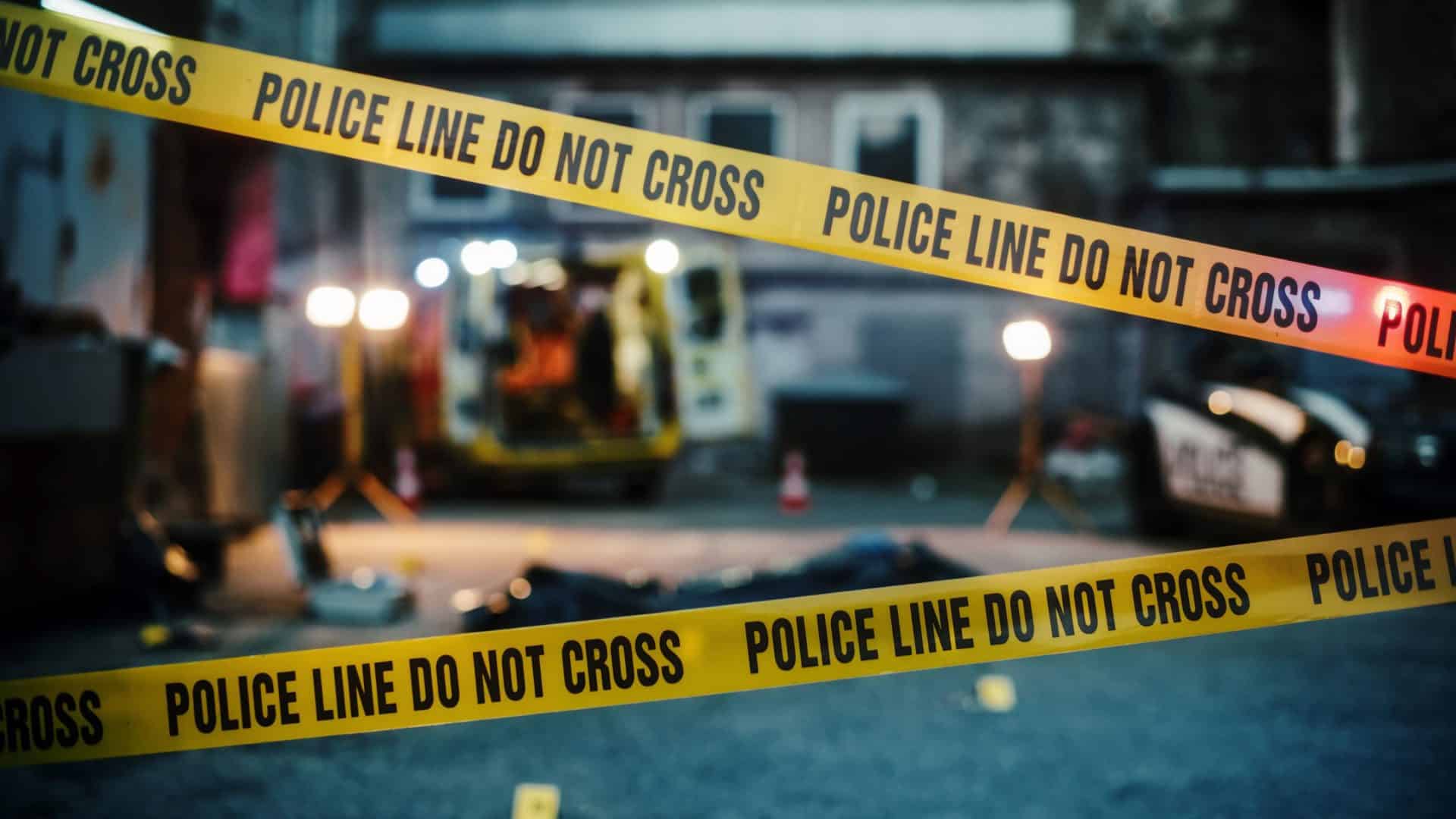 Cena de estabelecimento noturna: cena de crime vazia em um beco. Corpo da vítima coberto no chão com evidências marcadas. Paramédicos, Polícia e Perícias estão no local. Não cruze a fita restringindo a área