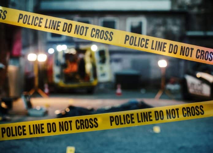 Cena de estabelecimento noturna: cena de crime vazia em um beco. Corpo da vítima coberto no chão com evidências marcadas. Paramédicos, Polícia e Perícias estão no local. Não cruze a fita restringindo a área