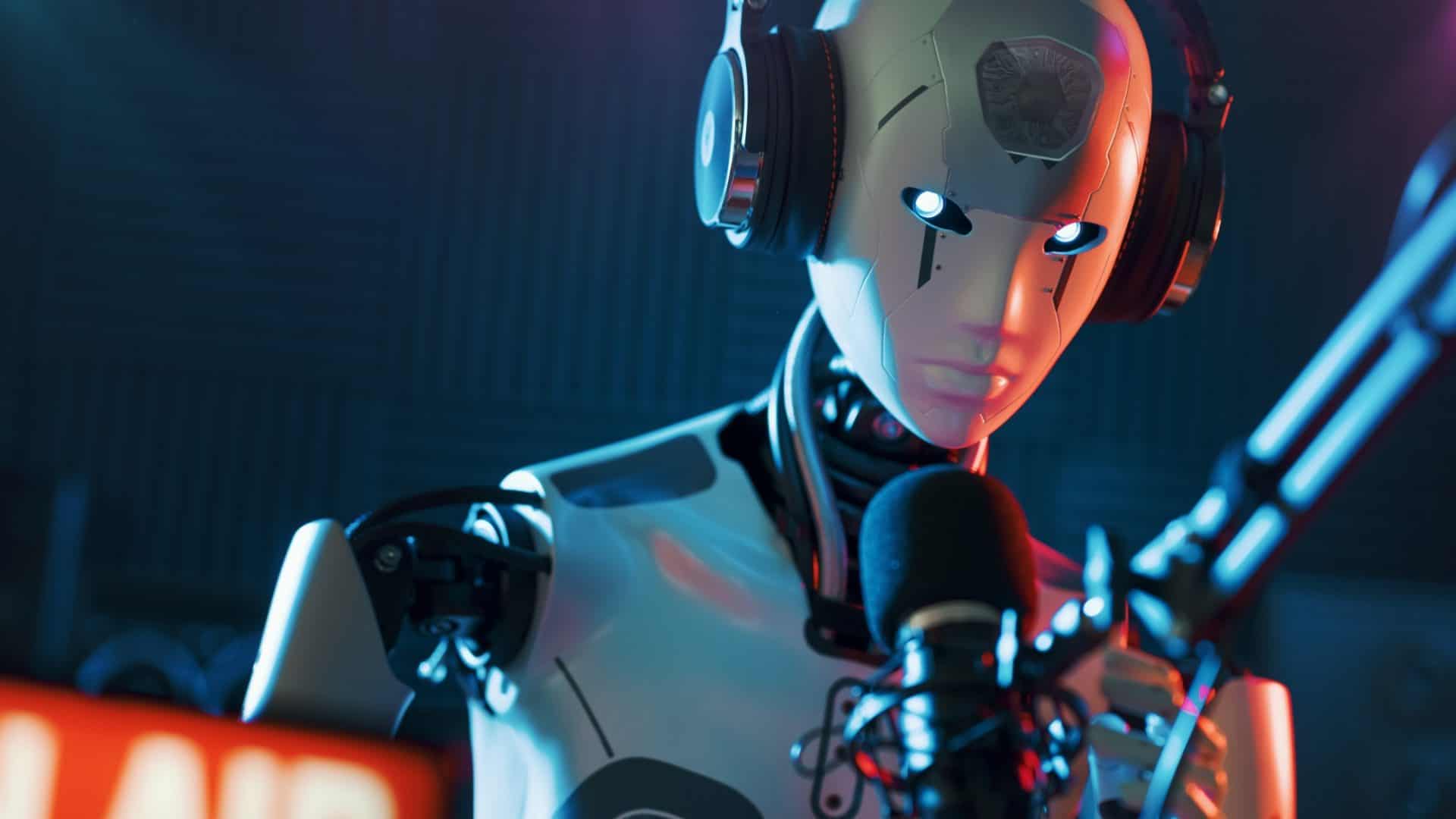 Robô de IA humanoide trabalhando no estúdio de podcast