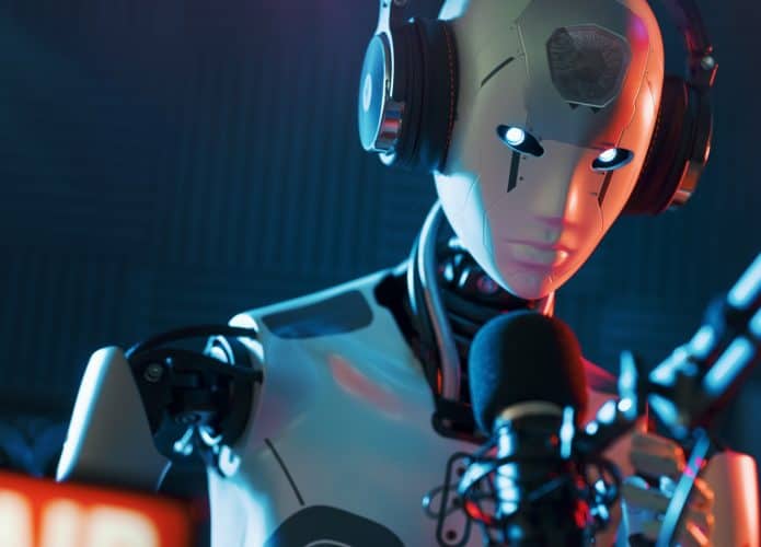 Robô de IA humanoide trabalhando no estúdio de podcast