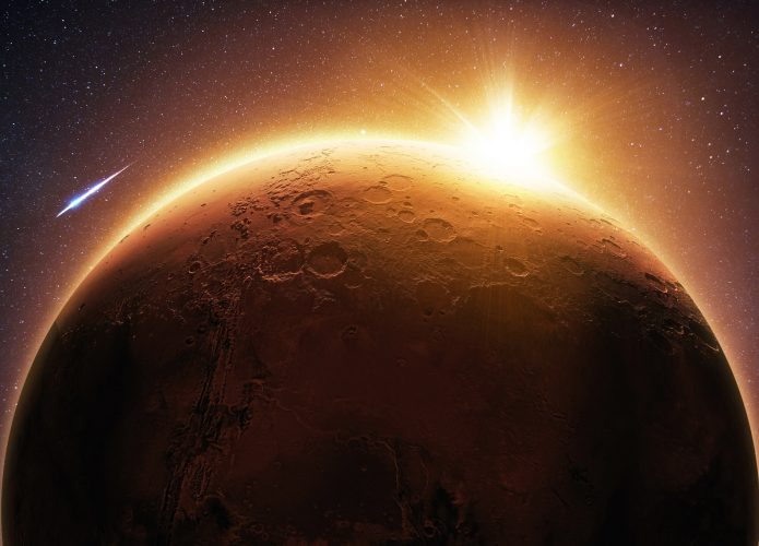 Ilustração de Sol saindo de trás de Marte numa cena que lembra um eclipse