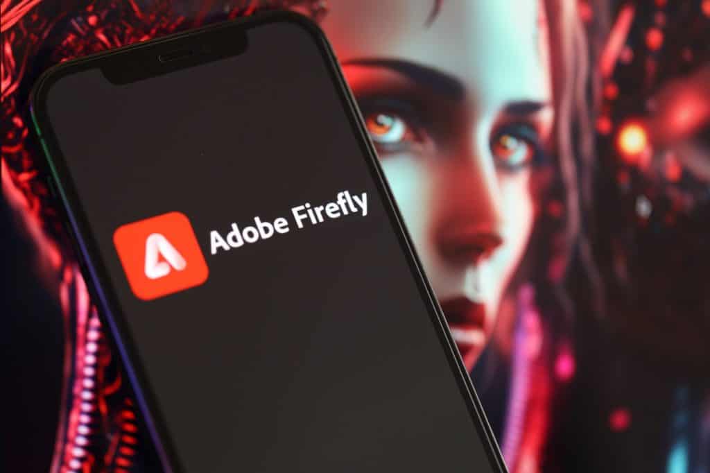 Logotipo do Adobe Firefly na tela de exibição do iPhone com fundo de inteligência artificial