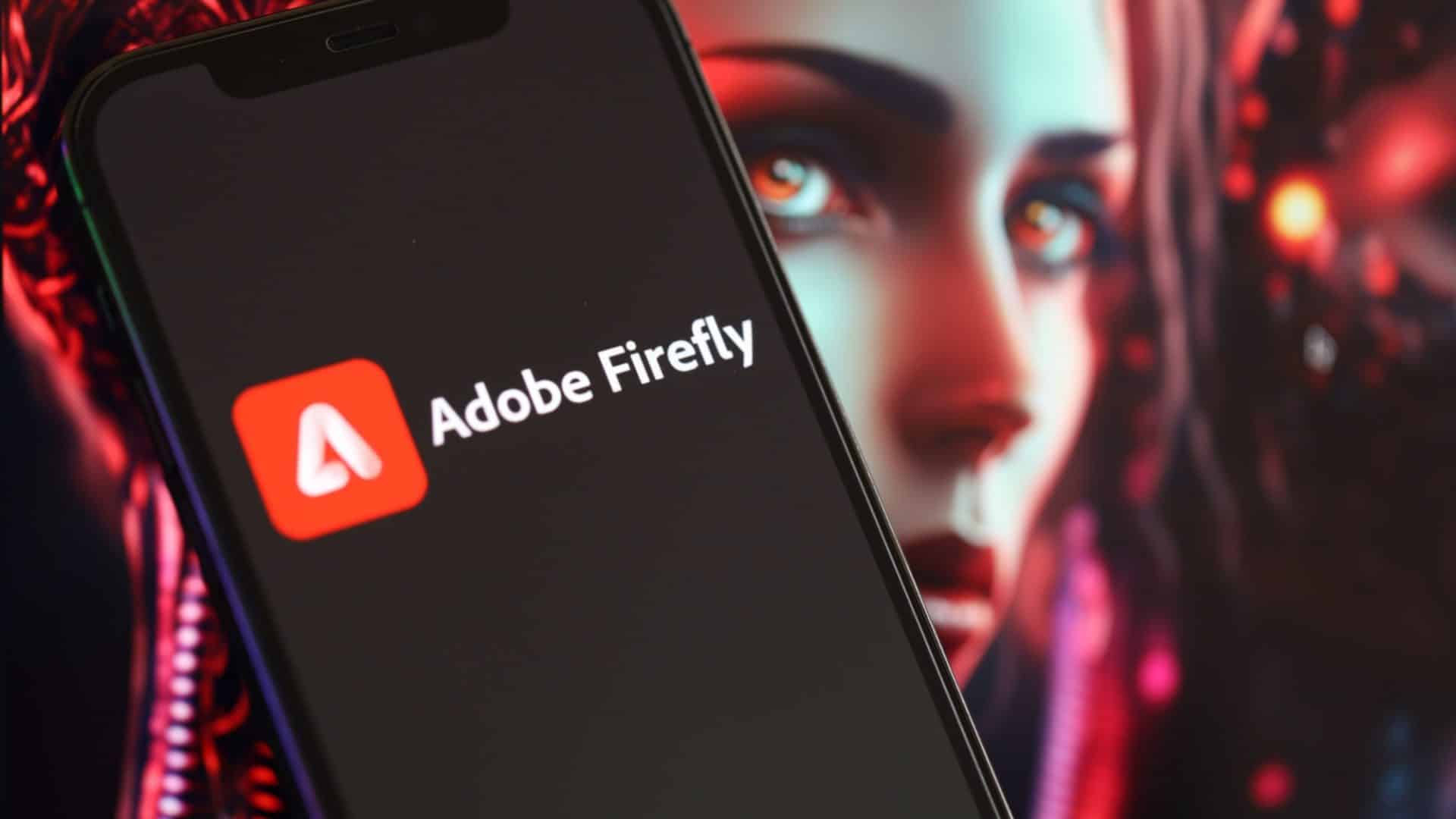 Logotipo do Adobe Firefly na tela de exibição do iPhone com fundo de inteligência artificial