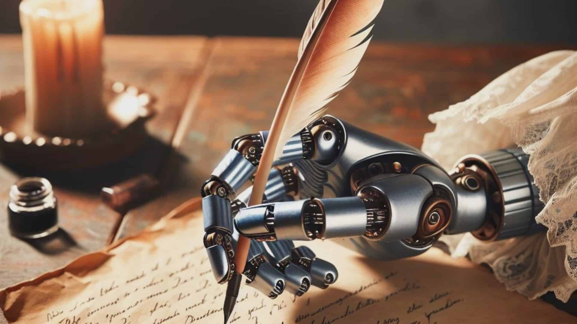 Uma mão robótica escrevendo um poema