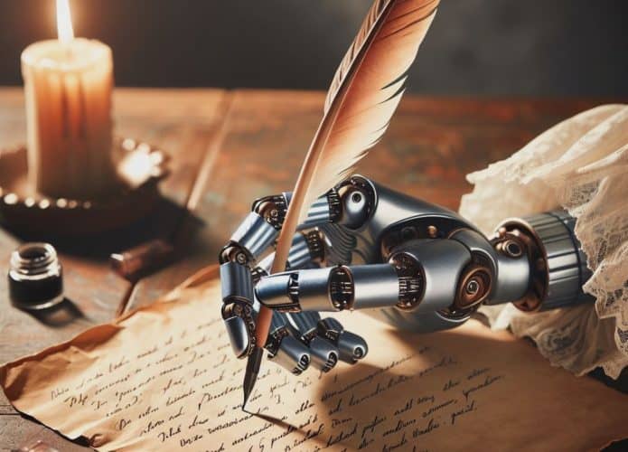 Uma mão robótica escrevendo um poema
