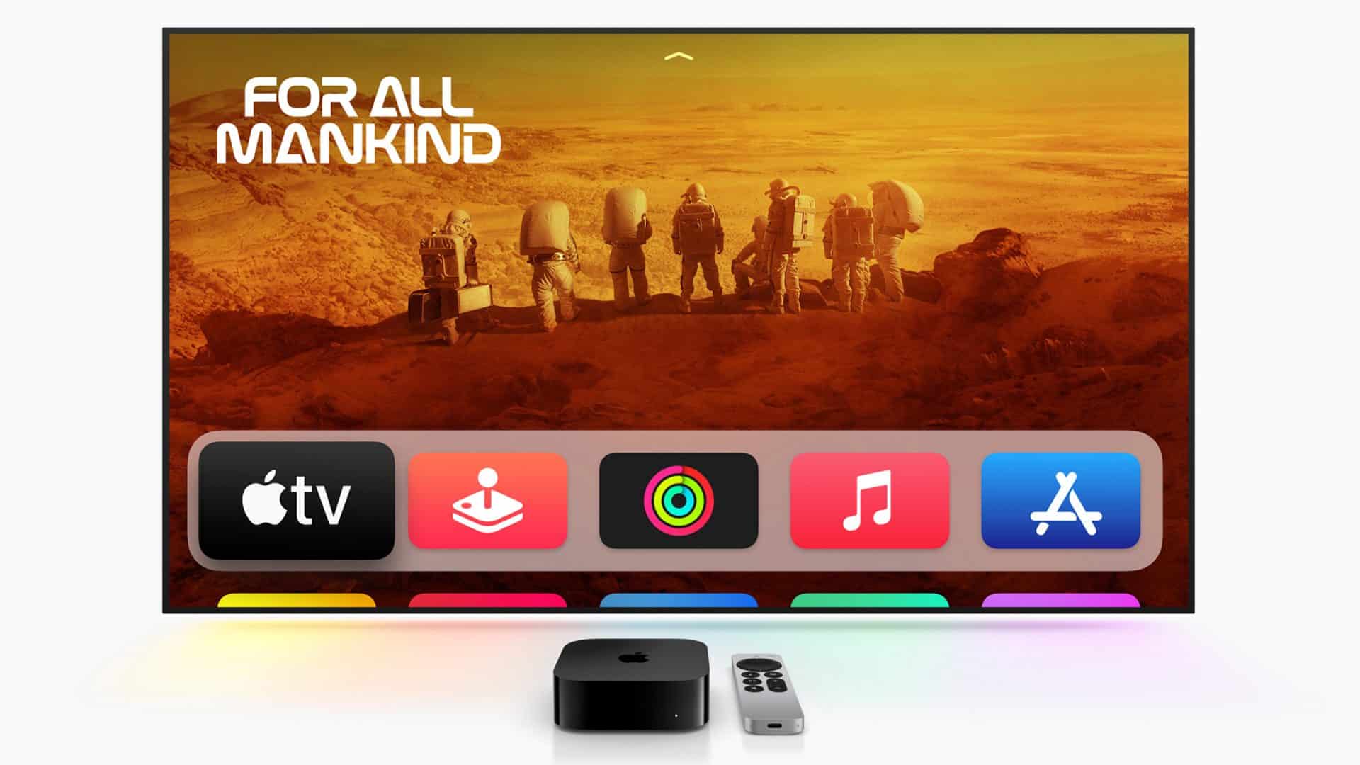 TV box Apple TV na frente de TV exibindo tela inicial da plataforma