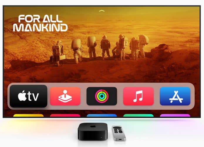 TV box Apple TV na frente de TV exibindo tela inicial da plataforma