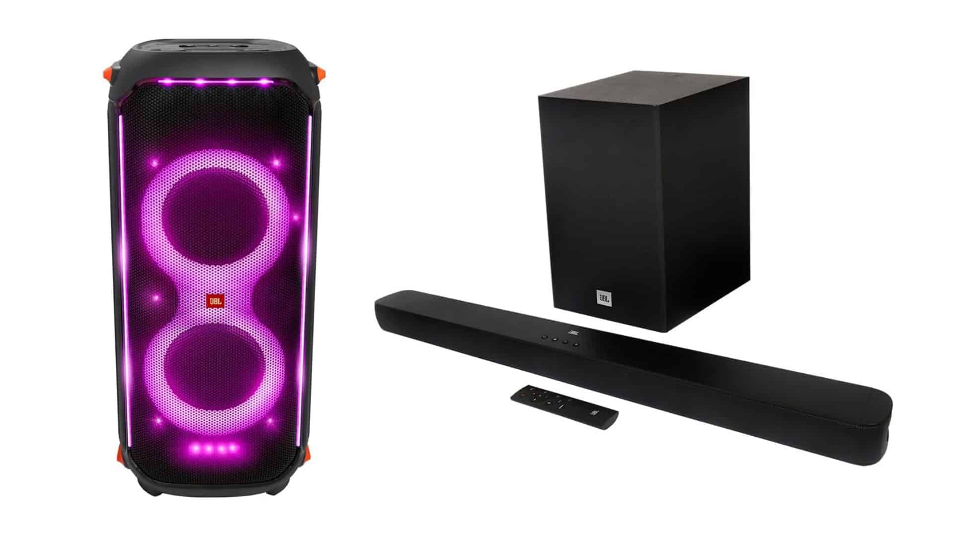 Montagem com caixa de som e soundbar em promoção na Amazon