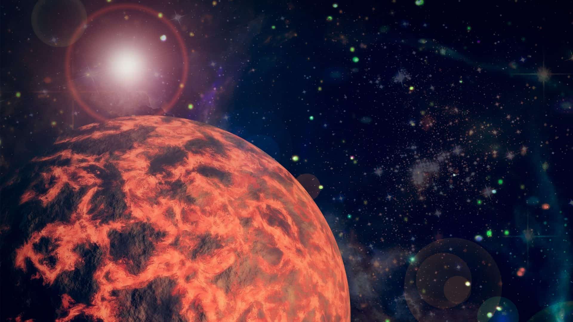 Ilustração de exoplaneta vulcânico vermelho