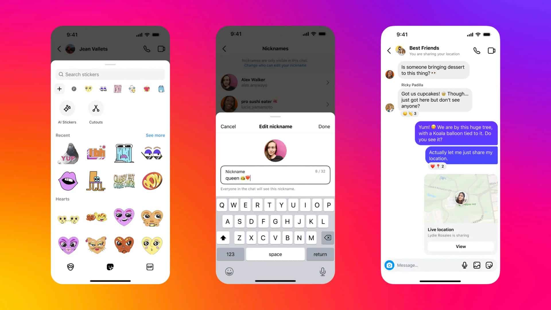 Montagem com capturas de tela de novas figurinhas, apelidos e localização em tempo real nas DMs do Instagram