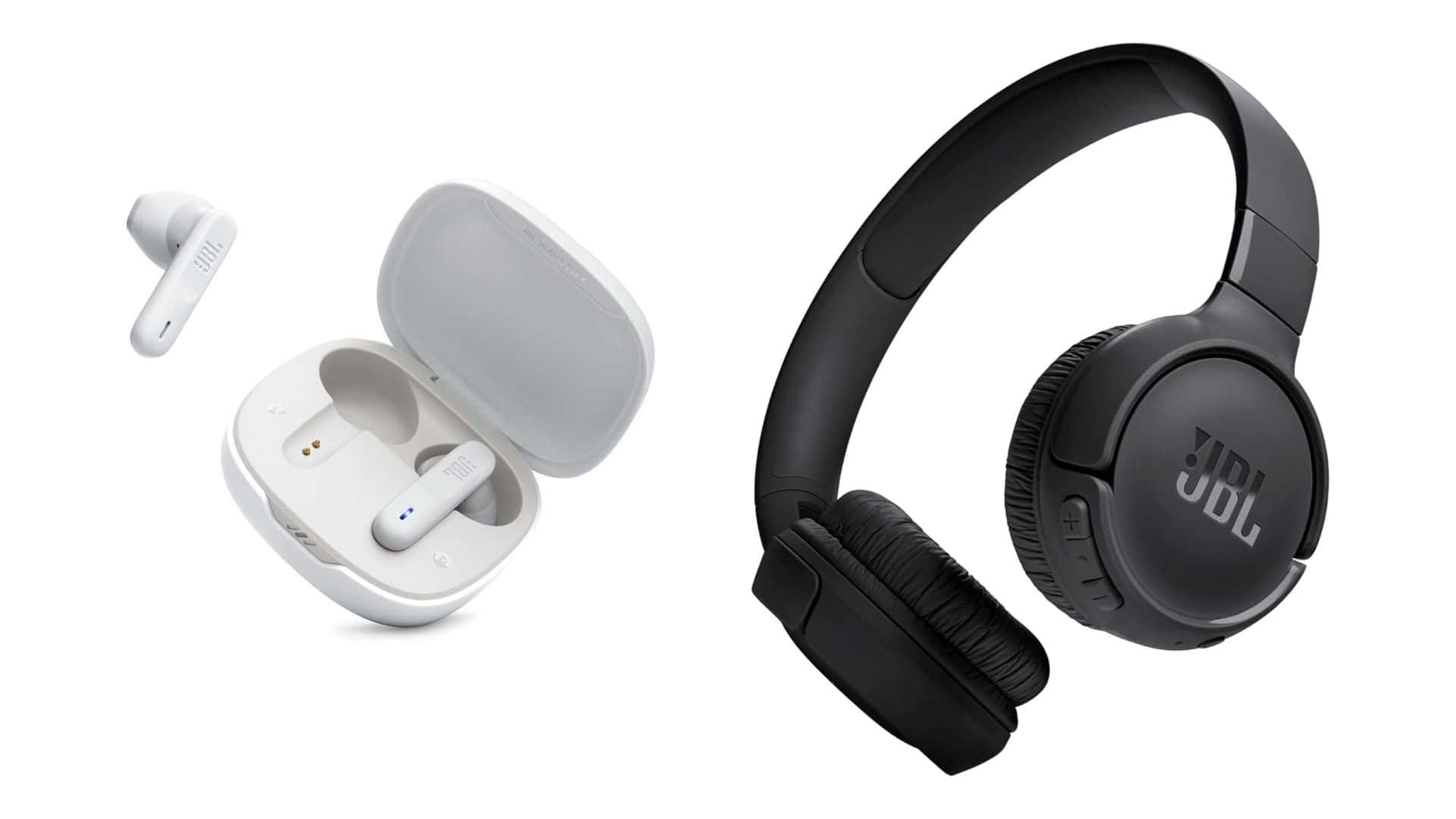 Montagem com fones de ouvido da JBL em promoção na Amazon