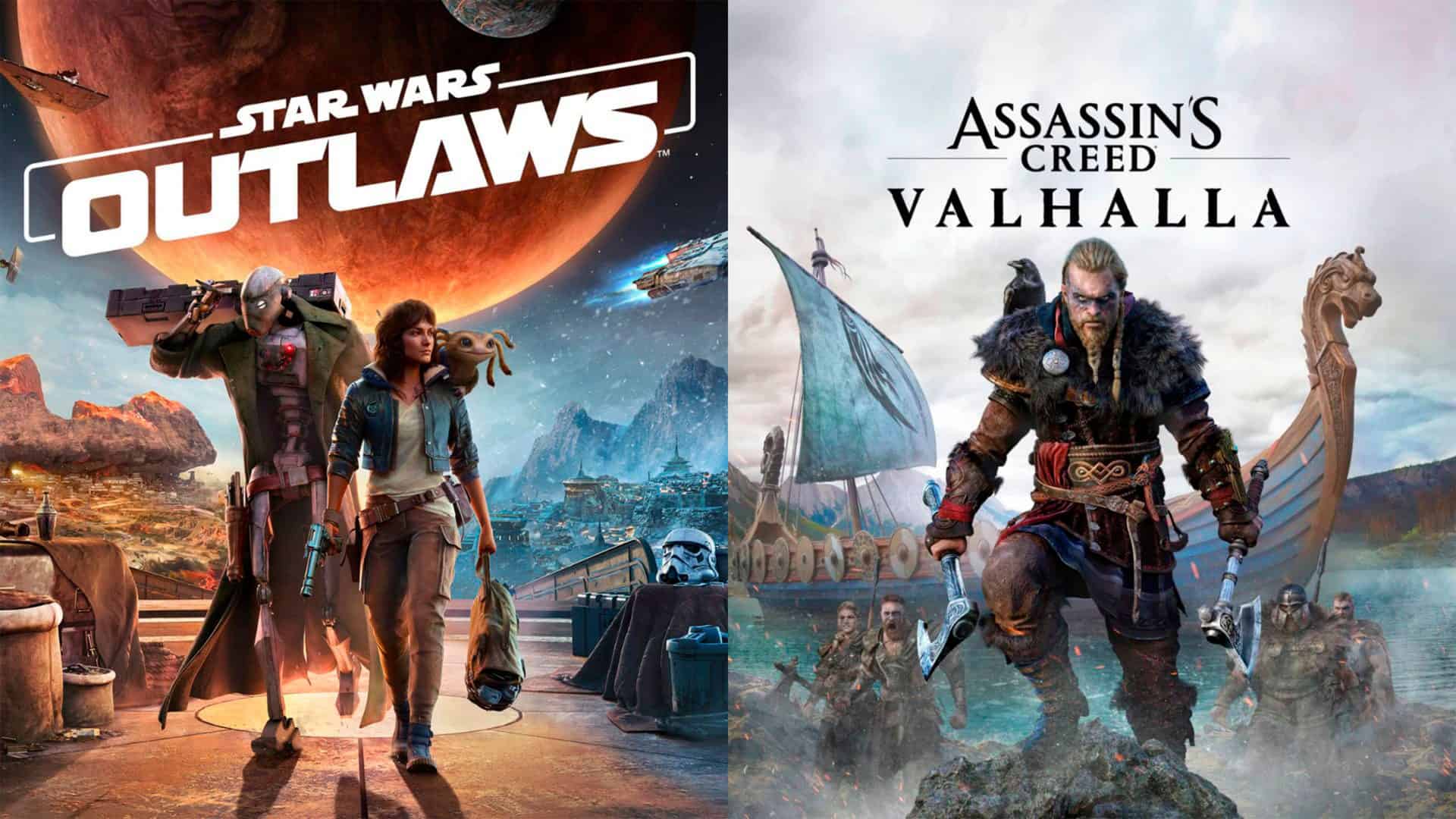 Montagem com imagens de Star Wars Outlaws e Assassin's Creed Valhalla, jogos da Ubisoft que tiveram problemas na atualização do Windows 11