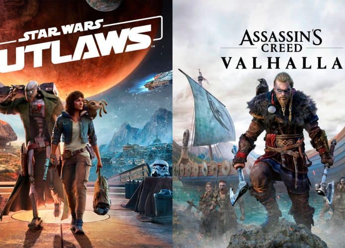 Montagem com imagens de Star Wars Outlaws e Assassin's Creed Valhalla, jogos da Ubisoft que tiveram problemas na atualização do Windows 11