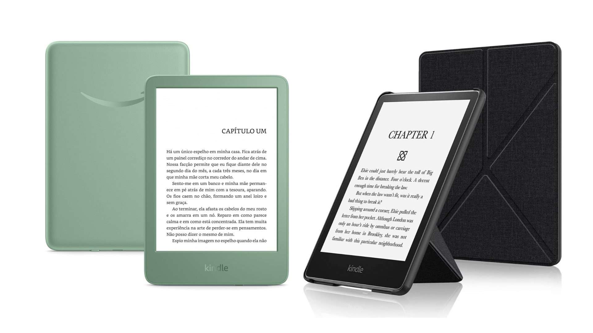 Montagem com modelo verde de Kindle e Kindle em suporte em promoção na Amazon