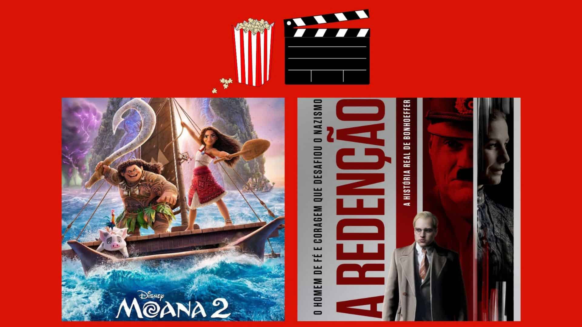 Montagem com pôsteres de Moana 2 e A Redenção, dois entre lançamentos de filmes da semana no cinema