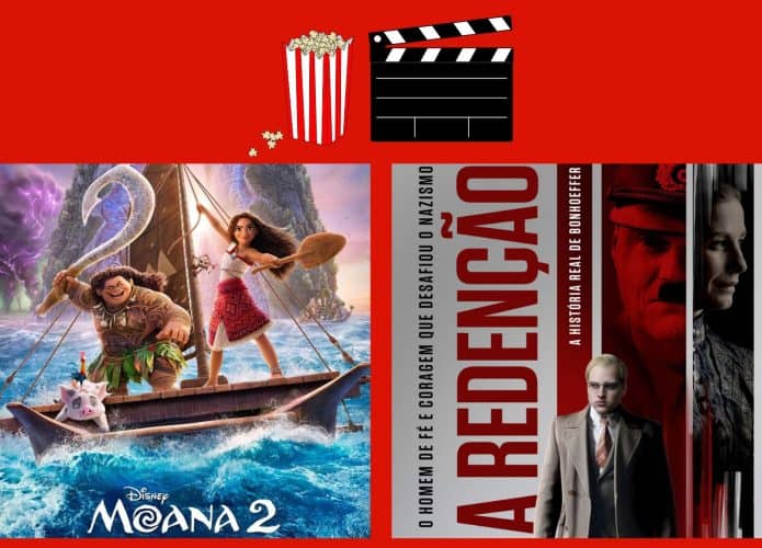 Montagem com pôsteres de Moana 2 e A Redenção, dois entre lançamentos de filmes da semana no cinema