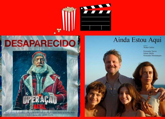 Montagem com pôsteres de Operação Natal e Ainda Estou Aqui, dois entre os lançamentos de filmes da semana no cinema