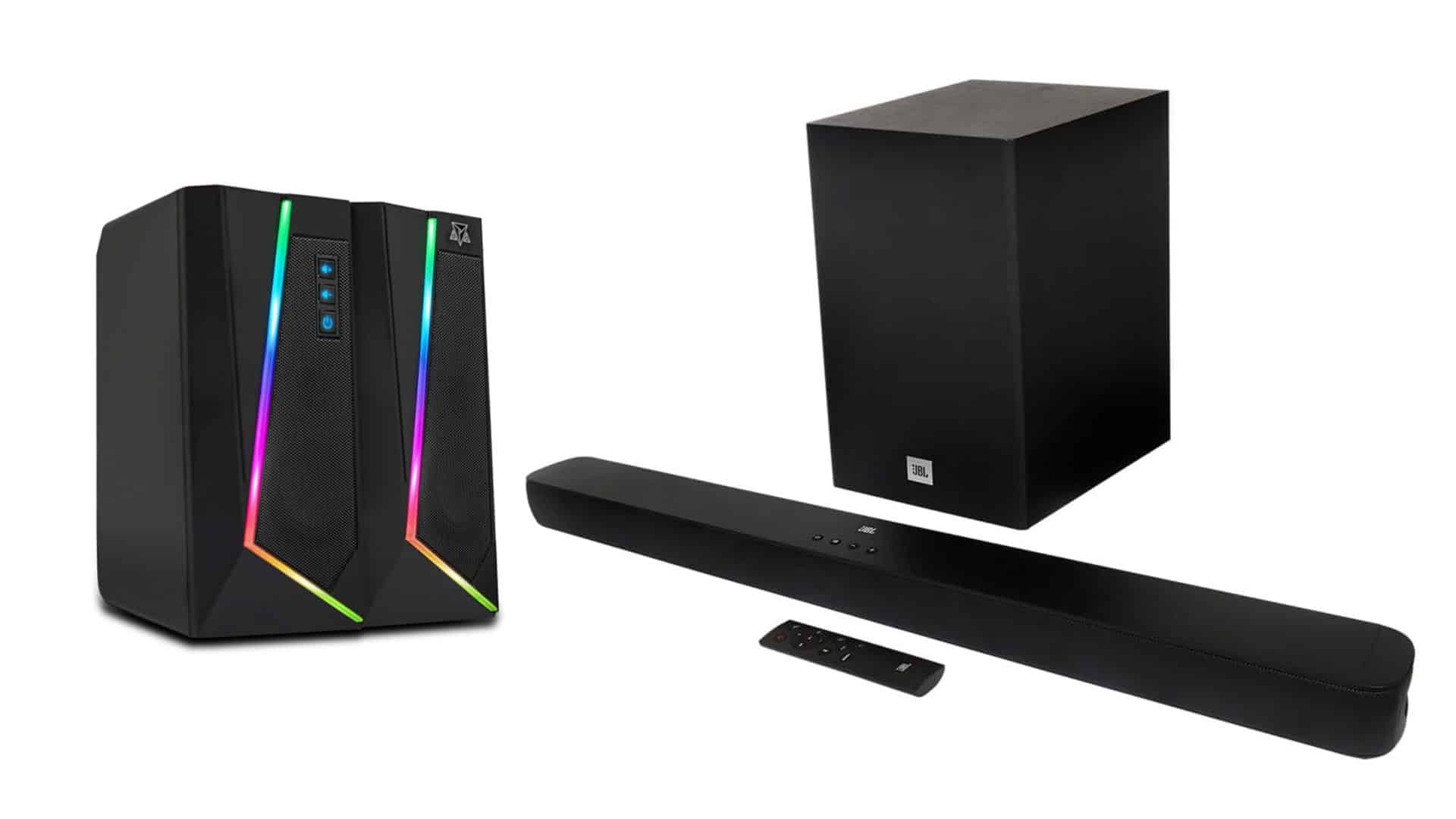 Montagem com caixa de som e soundbar em promoção de Black Friday na Amazon