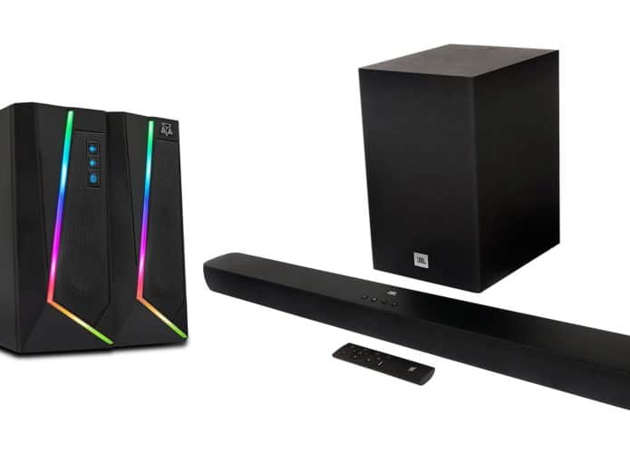 Montagem com caixa de som e soundbar em promoção de Black Friday na Amazon