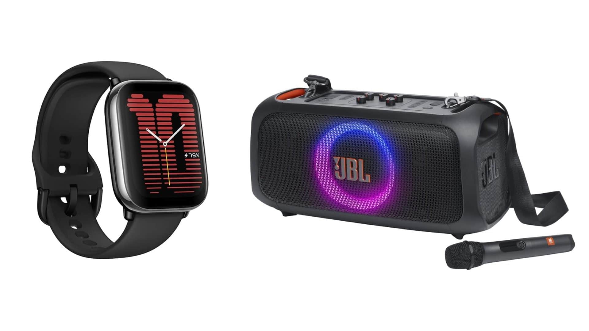 montagem com smartwatch e caixa de som da JBL em promoção na Amazon