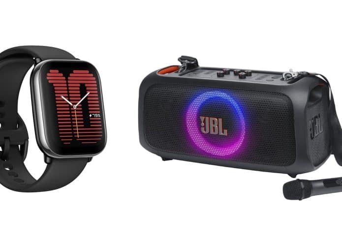 montagem com smartwatch e caixa de som da JBL em promoção na Amazon