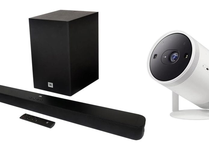 Montagem com soundbar e projetor em promoção na Amazon