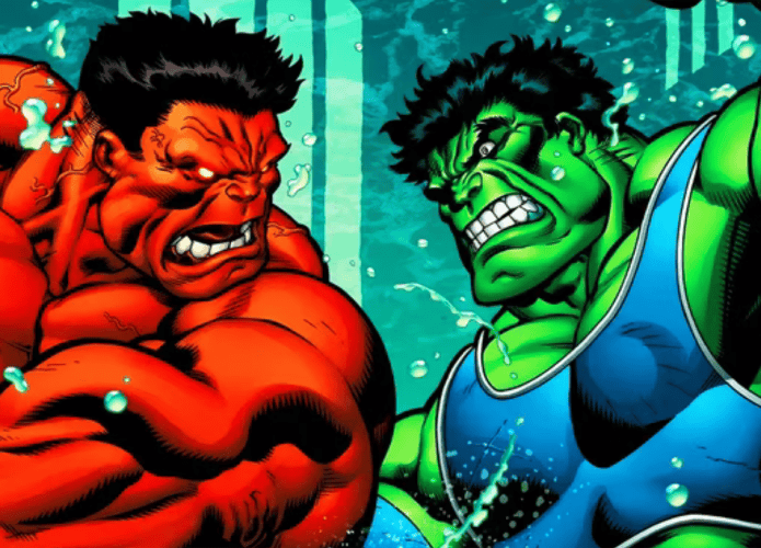 imagem mostra ilustração animada do Hulk vermelho e do verde prontos para lutarem um contra o outro