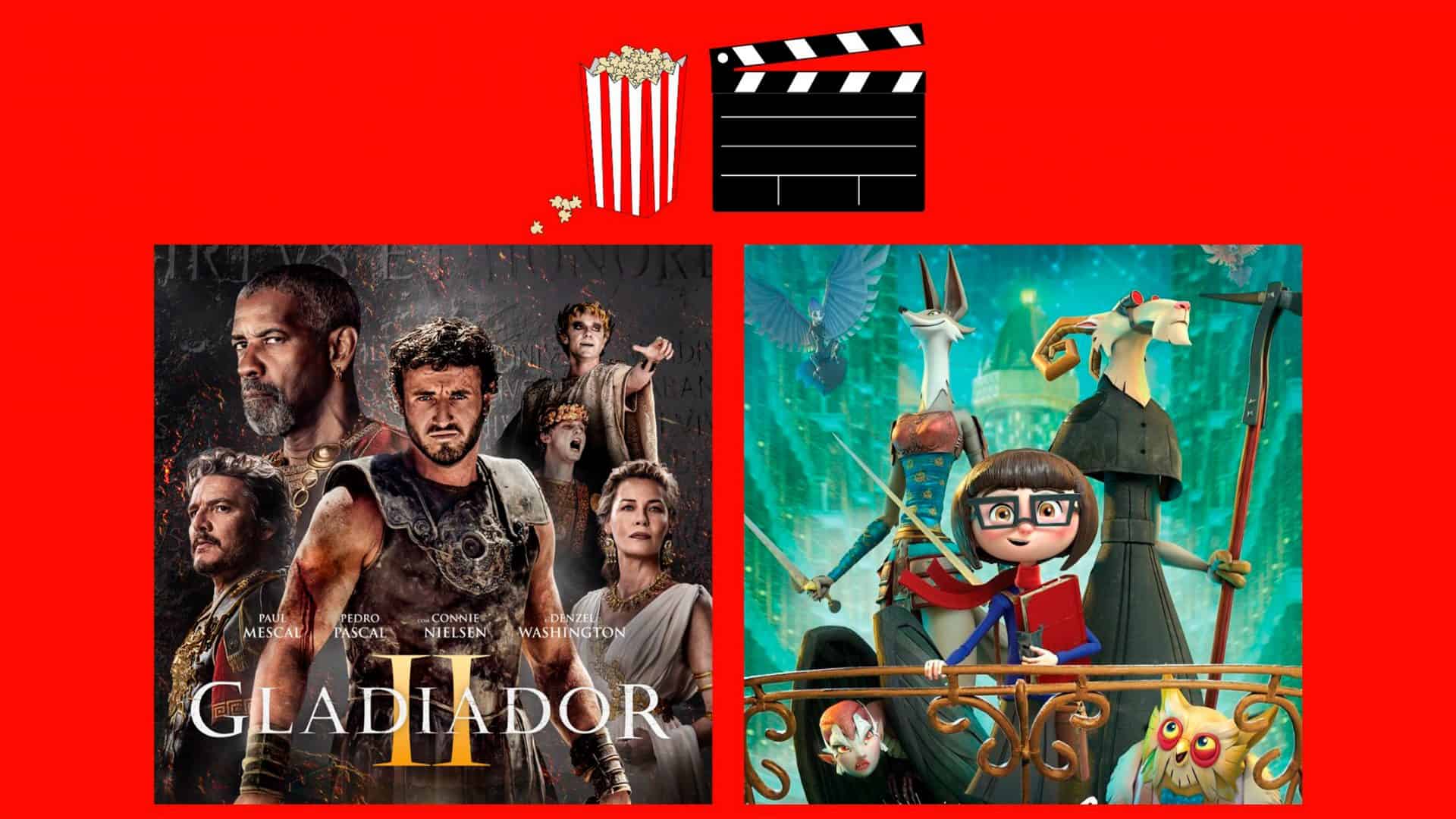 Montagem com pôsteres de Gladiador 2 e Dalia e o Livro Vermelho, dois entre os lançamentos de filmes da semana no cinema