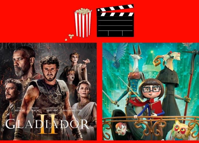 Montagem com pôsteres de Gladiador 2 e Dalia e o Livro Vermelho, dois entre os lançamentos de filmes da semana no cinema