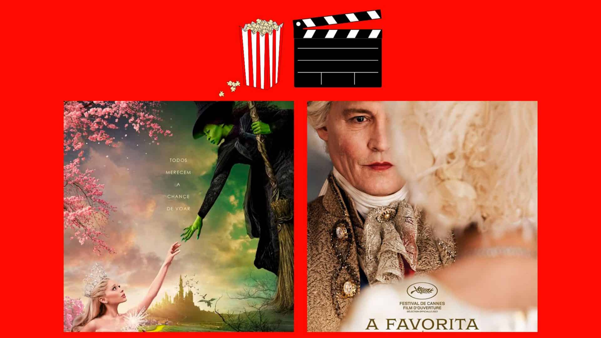 Montagem com pôsteres de Wicked e A Favorita, dois entre os lançamentos de filmes no cinema nesta semana