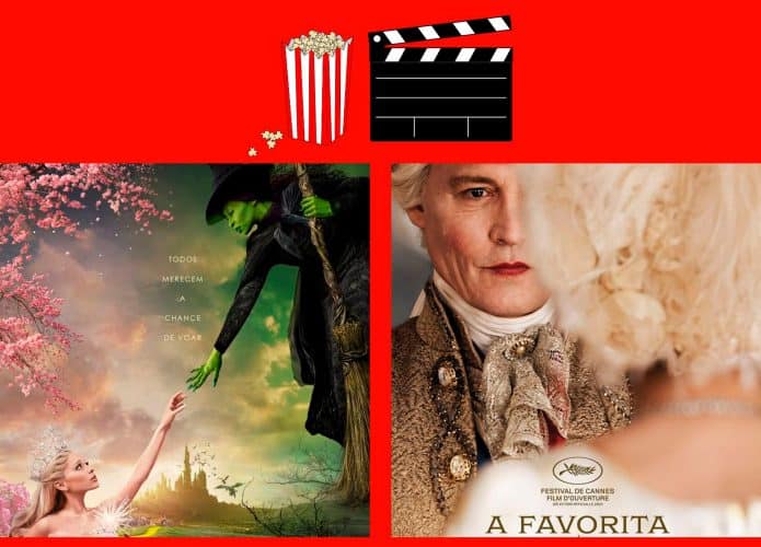 Montagem com pôsteres de Wicked e A Favorita, dois entre os lançamentos de filmes no cinema nesta semana