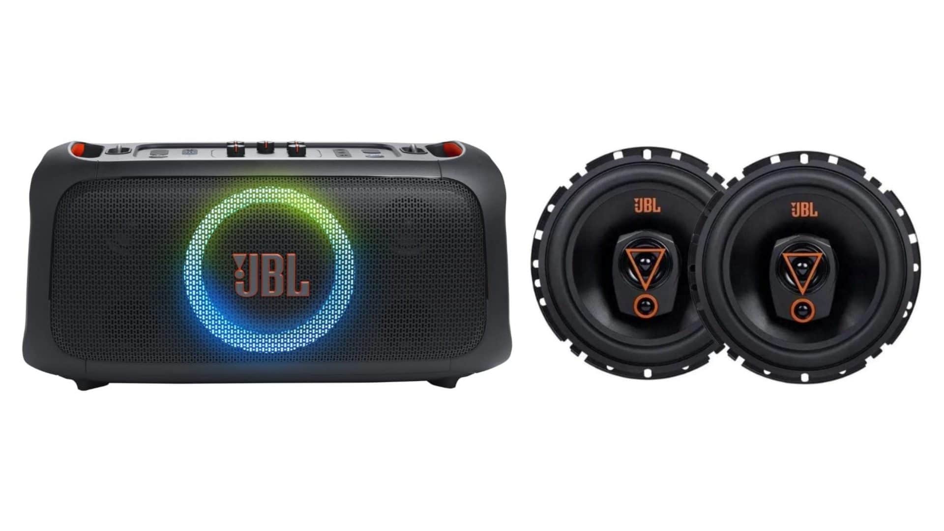 Montagem com caixa de som e par de alto-falante da JBL em promoção na Amazon
