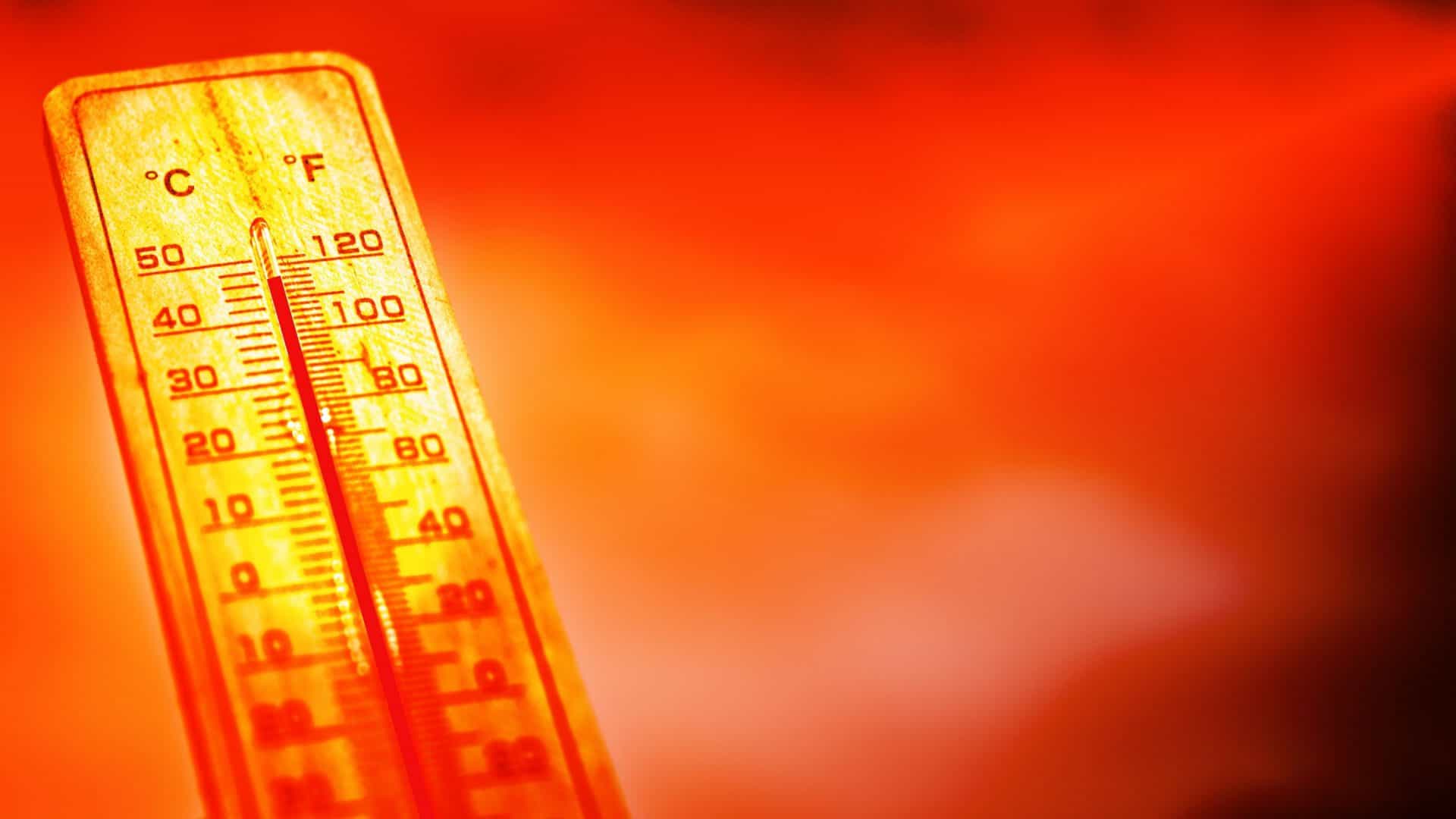 Ilustração digital com termômetro marcando temperatura alta em dia vermelho