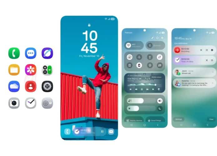 Montagem mostrando telas e recursos do One UI 7 da Samsung