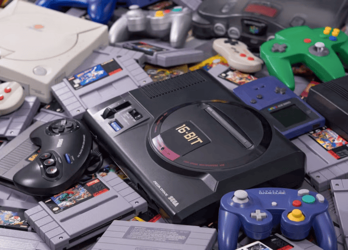 imagem mostra inúmeros consoles antigos de videogame