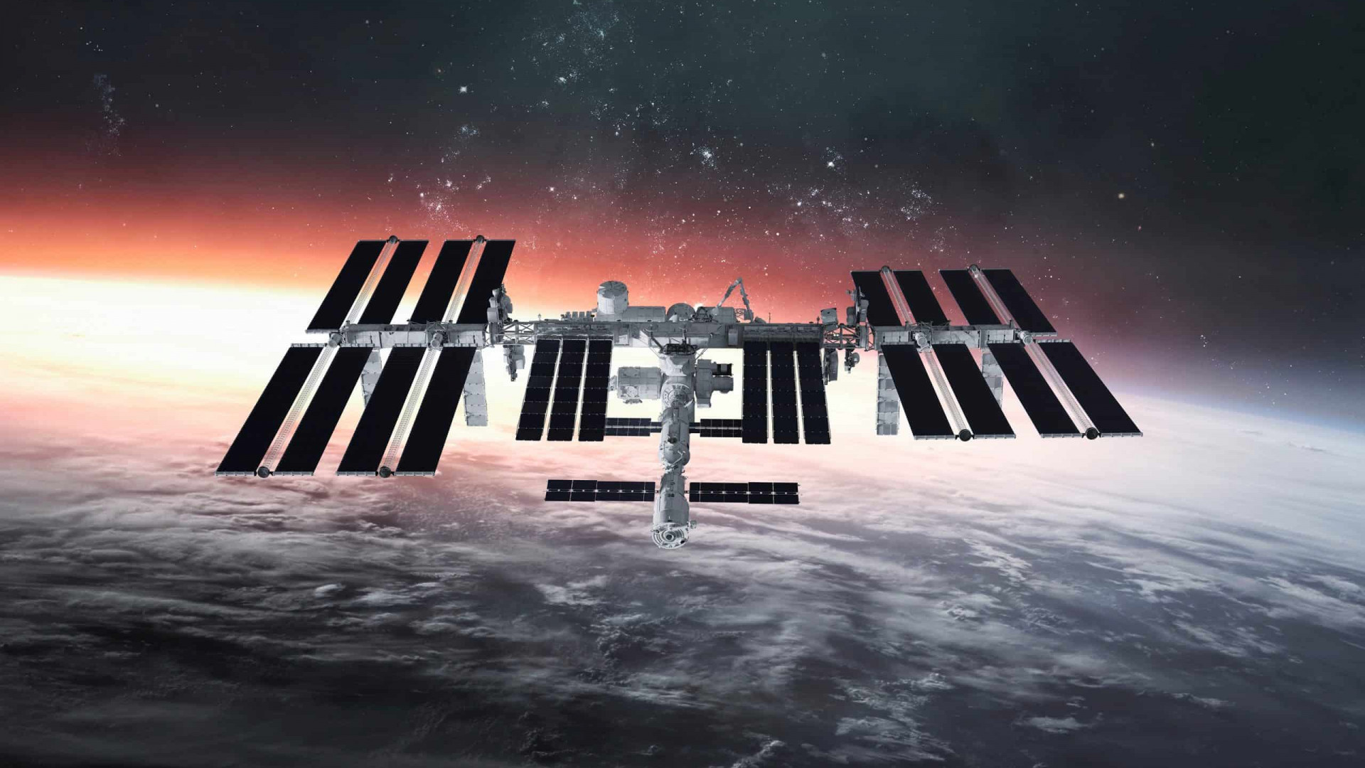 Ilustração 3D da Estaçao Espacial Internacional na órbita da Terra