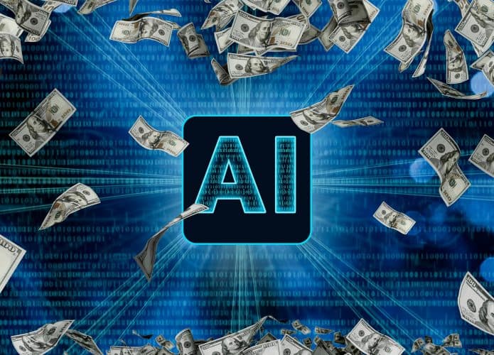Ilustração de notas de dólares voando ao redor de quadrado com AI escrito, sigla em inglês para Inteligência Artificial