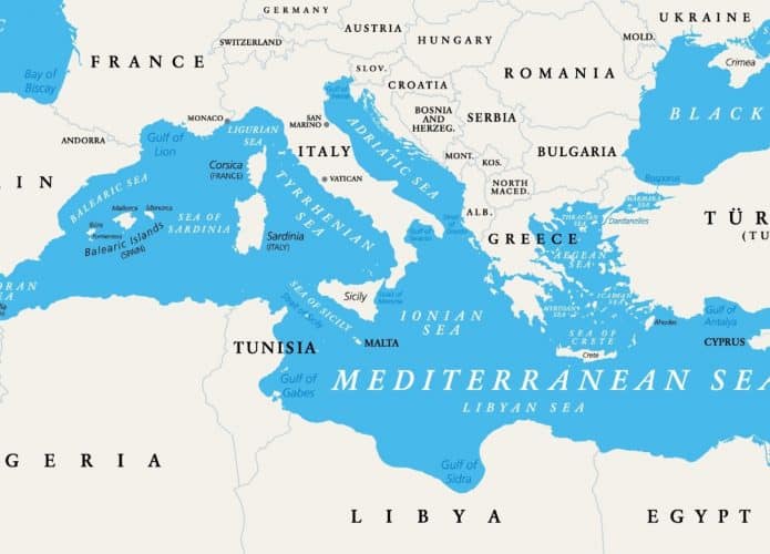 Ilustração do Mar Mediterrâneo no mapa mundi