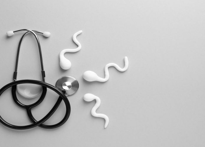 Medicina reprodutiva. Figuras de células espermáticas e estetoscópio em fundo cinza, disposição plana com espaço para texto.