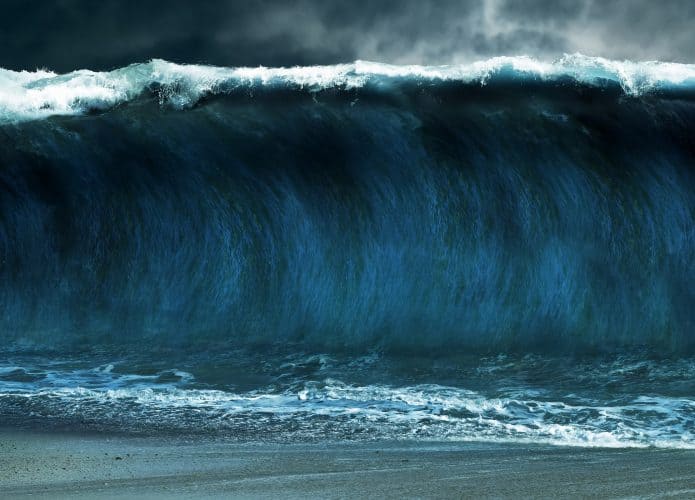 Tsunami,Stormy,Sea,Waves,On,Sand,Beach,,Thunderstorm,Background