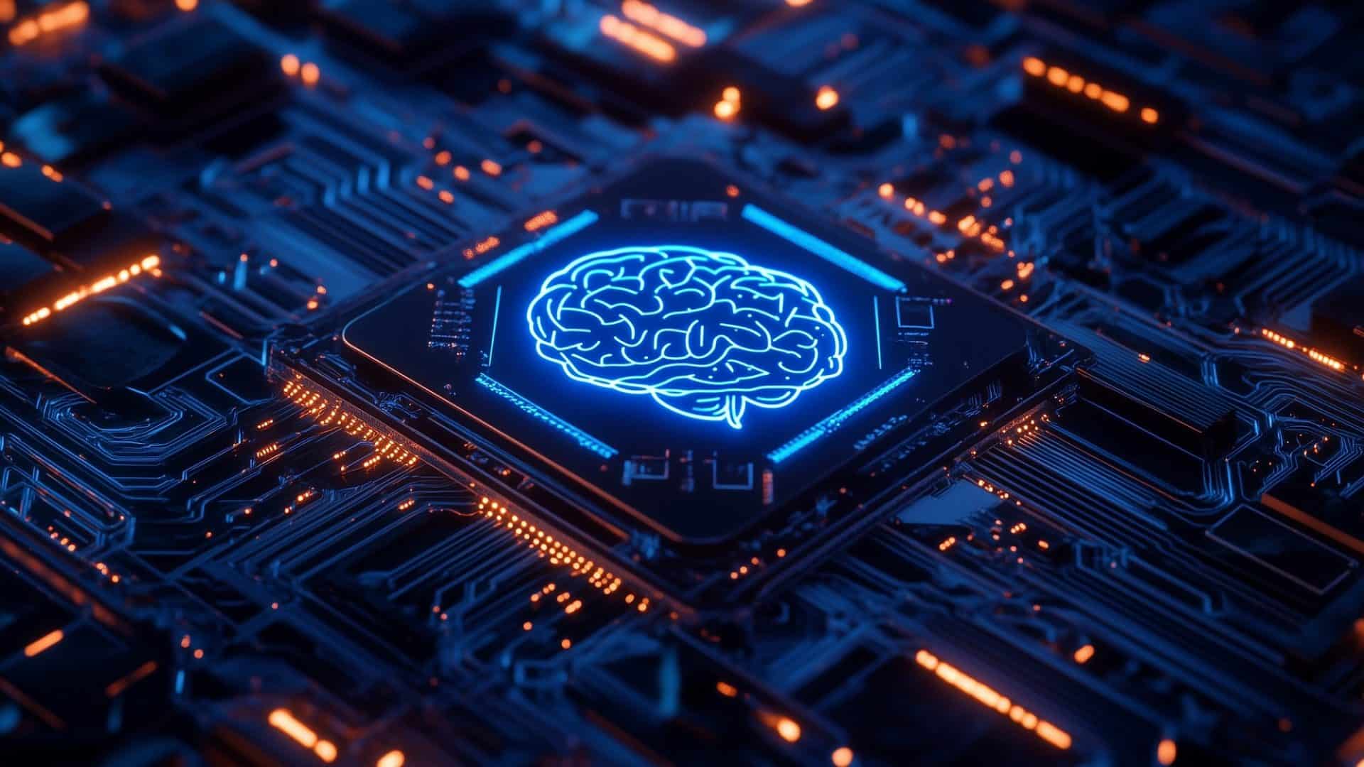 imagem de um chip de computador com um cérebro desenhado em cima. Chips de IA